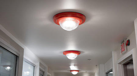 A beautifully designed hallway featuring vintage-style ceiling lights with red accents. The modern architecture creates a warm ambiance, ideal for residential or commercial spaces.の素材