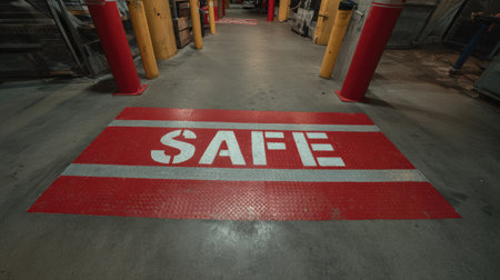 This image depicts a warehouse floor featuring bright red safety markings indicating 'SAFE.' The design aims to enhance visibility and awareness for safety in industrial settings.の素材