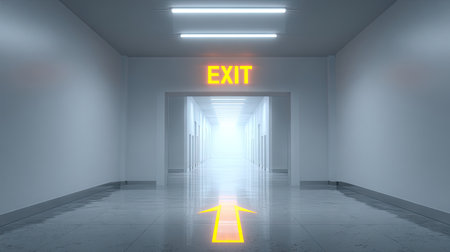 A visually striking corridor featuring a bright exit sign guiding the way. Soft lighting and a reflective floor enhance the minimalist design.の素材