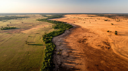 This aerial photograph showcases a striking contrast between a lush green belt and the arid, dry terrain typical of drought conditions, set against a clear blue sky.の素材