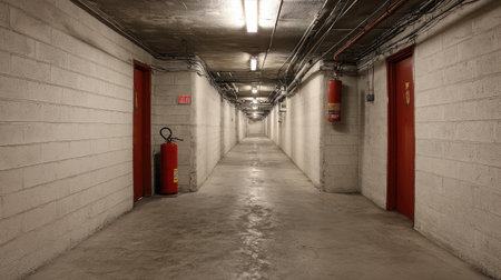 This image captures a long, empty storage hallway characterized by dim lighting, concrete walls, and visible fire extinguishers, evoking a sense of urban isolation.の素材
