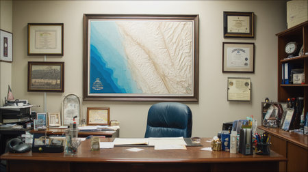 A well-organized office space featuring a detailed geographic map on the wall, framed certificates, and a professional ambiance, ideal for business professionals.の素材