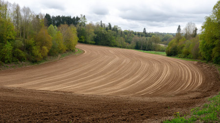 A breathtaking view of a meticulously plowed agricultural field surrounded by lush greenery and trees under a moody, cloudy sky. Ideal for illustrating rural farming practices and natural landscapes.の素材