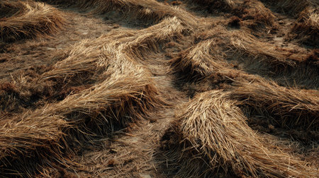 Close-up view of agricultural field featuring intricate patterns of dried straw after a recent harvest, showcasing the textures and colors of rural land.の素材