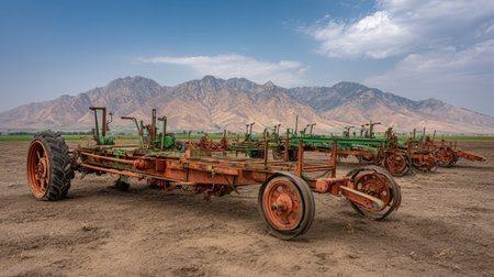 A striking view of vintage agricultural machinery set against a breathtaking mountain landscape, showcasing the beauty of rural life and farming history.の素材