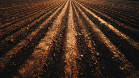 A stunning view of a freshly plowed field, showcasing furrows intertwined with shadows during golden hour, highlighting agricultural beauty in nature.の素材