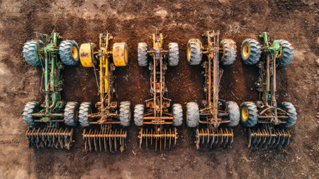 This aerial image captures a series of agricultural machines lined up on a freshly prepared brown field, showcasing farm preparation techniques.の素材