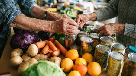 Two elderly hands carefully preserve fresh garden produce in jars while surrounded by a vibrant assortment of vegetables and fruits, showcasing a healthy lifestyle.の素材