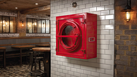 A striking vintage red fire alarm box mounted on a white subway tile wall, featured in a cozy restaurant setting showcasing modern design elements.の素材