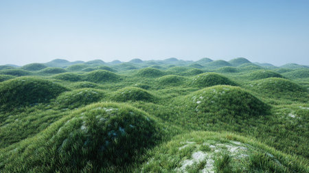A breathtaking view of rolling hills covered with soft green grass under a clear blue sky. The tranquil landscape invites reflection and relaxation in nature.の素材