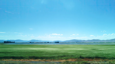 This image showcases a breathtaking landscape featuring vast green fields under a bright blue sky. The rural scenery evokes a sense of peace and tranquility, inviting viewers to connect with nature.の素材