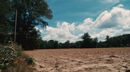 A wide view of an empty agricultural field showcasing dry soil under a bright blue sky filled with fluffy clouds. Trees line the background, illustrating a serene rural landscape.の素材