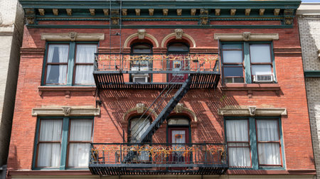 This stunning vintage red brick apartment building features intricate details, a charming fire escape, and elegant green trim, creating a cozy urban atmosphere.の素材