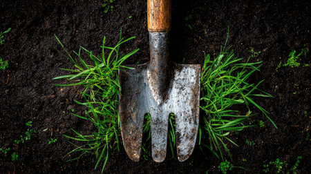 Close-up of a rustic garden fork resting on dark, rich soil, surrounded by vibrant green grass, symbolizing the beauty of gardening and nature.の素材
