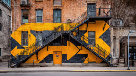 This striking image showcases a vibrant urban mural with a geometric design, highlighting creativity against a historical building backdrop.の素材