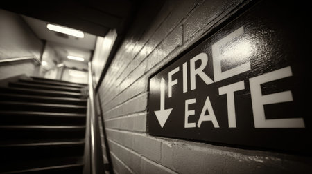 A fire escape sign positioned in a dimly lit stairwell, directing individuals toward a safe exit. The image highlights urgent instructions for emergency evacuation.の素材