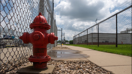 This image features a bright red fire hydrant in focus, positioned alongside a chain-link fence, with a cloudy sky above, highlighting urban detail.の素材