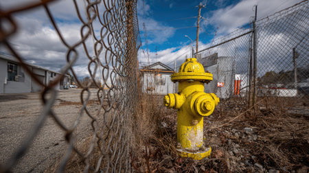 A captivating image of a yellow fire hydrant sitting adjacent to a chain-link fence under a moody, cloudy sky, highlighting urban decay and neglect.の素材