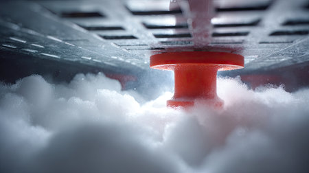 This image features a close-up view of a red valve emerging from soft white foam beneath a grid structure, creating a dramatic and intriguing visual.の素材