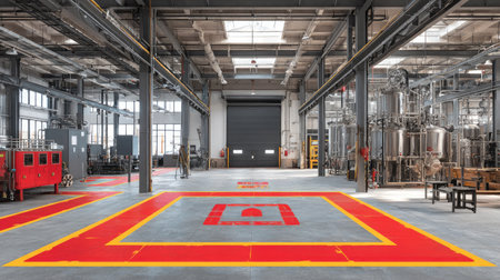 A bright and spacious industrial factory interior showcases safety markings in red and yellow on the gray floor amid modern machinery, highlighting efficiency.の素材