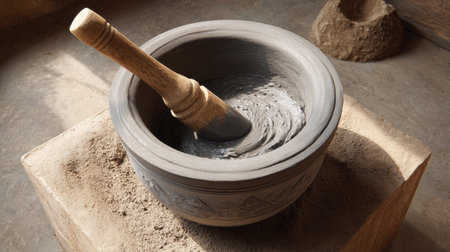 A beautifully crafted clay mortar and pestle resting on a rustic surface, ideal for grinding spices and mixing ingredients in traditional cooking.の素材