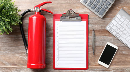 A visually engaging setup featuring a fire extinguisher, clipboard with checklist, smartphone, and pen on a wooden desk, emphasizing safety and preparedness in the workplace.の素材