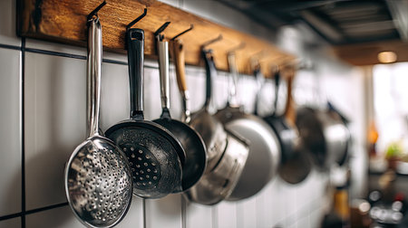 This image features an organized display of kitchen utensils and cookware elegantly hanging on a wooden rack, set against a white tile background.の素材