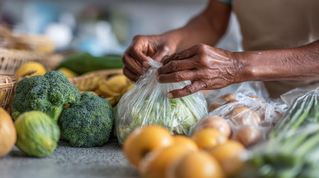 An individual meticulously organizing fresh vegetables and fruits at a market, showcasing the vibrant colors and textures of healthy produce.の素材