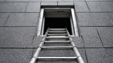 A metal ladder stands upright against a textured gray wall, leading to a dark opening above, inviting a sense of ascent and exploration.の素材