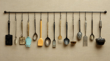 A captivating assortment of vintage kitchen utensils hanging on a wall rack, showcasing the beauty of culinary history and timeless design.の素材
