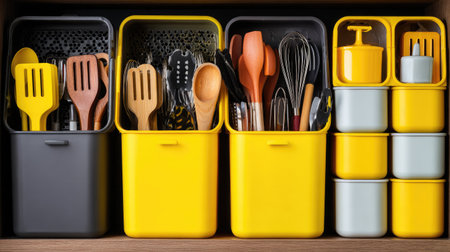 This image showcases a neatly organized array of kitchen utensils and gadgets in vibrant yellow and black storage bins, ideal for efficient cooking.の素材