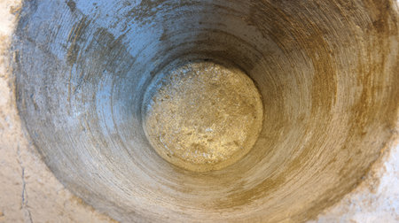 This image showcases a deep, empty circular container viewed from above, highlighting natural textures and earthy colors that create a serene and minimalist aesthetic.の素材