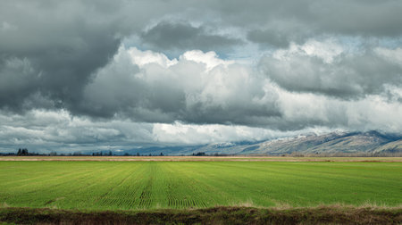 A stunning landscape showcasing a lush green field beneath a dramatic sky filled with dense clouds and distant mountains, capturing the essence of nature's beauty.の素材