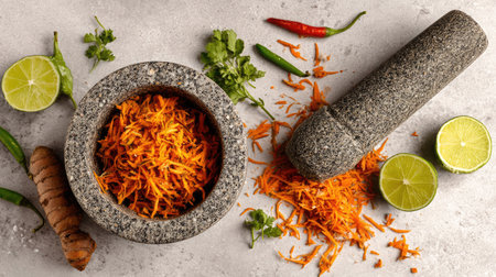 A vibrant arrangement of freshly grated carrots, herbs, and spices on a rustic surface with a mortar and pestle, ideal for cooking enthusiasts.の素材