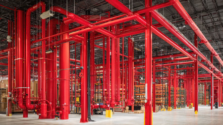 A vibrant warehouse featuring a network of bright red pipes and tubes creates an eye-catching industrial aesthetic while ensuring safety and efficiency.の素材