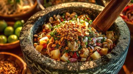 A vibrant scene showcasing the preparation of a fresh salad in a traditional kitchen. Colorful ingredients are mixed in a stone mortar, emphasizing organic cooking and healthy eating.の素材