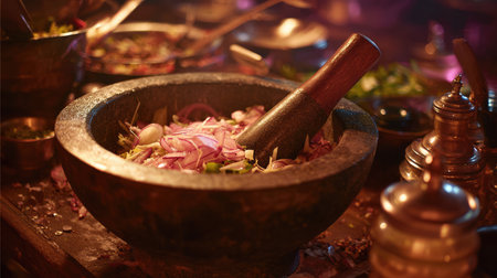 A traditional mortar and pestle filled with fresh ingredients, capturing the essence of culinary artistry in a rustic kitchen at twilight.の素材