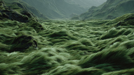 Experience a breathtaking view of lush green grasses flowing like waves across a harmonious landscape, inviting exploration and connection with nature.の素材