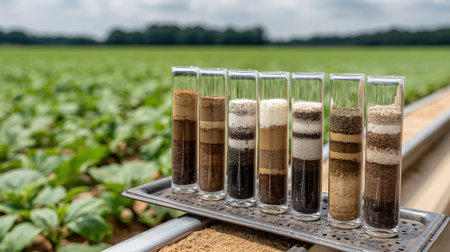 A set of clear test tubes filled with distinct layers of soil samples arranged on a tray, with a lush green agricultural field in the background, showcasing soil diversity.の素材