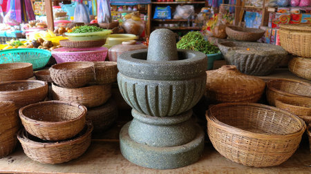 A captivating view of a traditional stone mortar and pestle among an array of handwoven baskets in a vibrant market setting, showcasing local craftsmanship.の素材