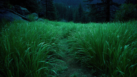 A serene pathway winds through vibrant green grass in a tranquil forest setting during twilight, inviting exploration and peaceful reflection in nature.の素材