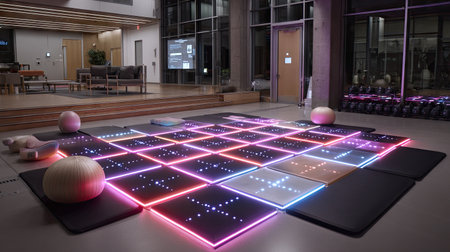 An innovative gym space featuring a glowing LED light floor, exercise equipment, and a sleek, modern design ideal for enhancing fitness experiences.の素材