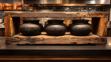 A stunning rustic wooden stand displays three black cooking pots, adding an artistic touch to a modern kitchen with sleek stainless steel appliances.の素材