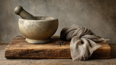 This image showcases a rustic mortar and pestle placed on a wooden board, with scattered spices and a soft cloth. The earthy tones create a cozy kitchen vibe.の素材