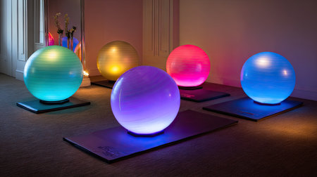 A collection of colorful illuminated exercise balls displayed in a tranquil indoor fitness studio creates a vibrant and peaceful atmosphere for wellness activities.の素材