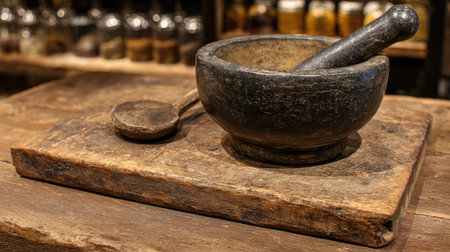 A rustic mortar and pestle set on a wooden board surrounded by jars of spices, showcasing a vintage kitchen aesthetic perfect for culinary photography.の素材
