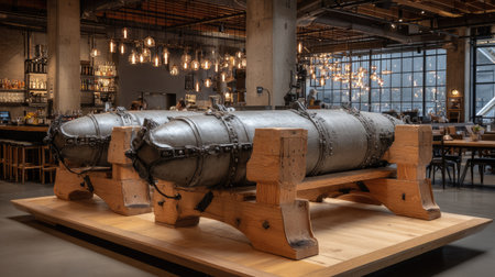 This striking antique metallic pressure vessel showcases a blend of industrial and modern design in a lively restaurant environment, perfect for dining enthusiasts.の素材