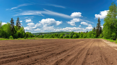 A stunning panoramic view of an agricultural field showcases rich soil ready for planting, framed by lush greenery and a clear blue sky adorned with fluffy clouds.の素材