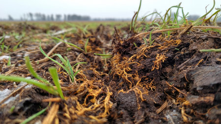 This image captures a close-up view of soil in an agricultural field, showcasing roots and grass emerging through the earth, highlighting the growth process.の素材