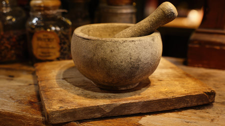 A rustic stone mortar and pestle displayed on a wooden table, surrounded by jars of spices, capturing the essence of culinary traditions and home cooking.の素材